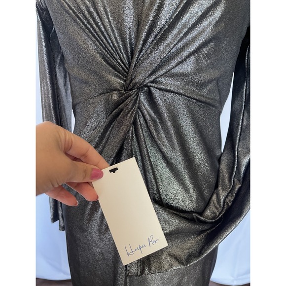 NWT Harper Rose Silver Metallic Long Sleeve Twist Front Midi Glam Dress Size 10 - Picture 8 of 8